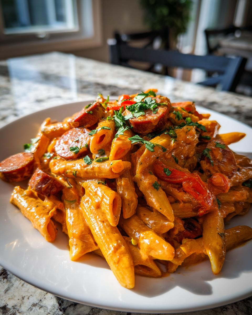 A close-up, appetizing shot of creamy Cajun sausage pasta featuring penne noodles, sliced sausage, and fresh parsley garnish.