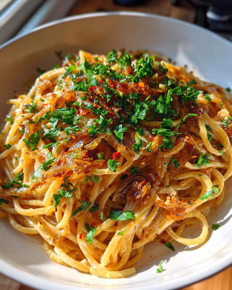 Close-up of creamy caramelized onion pasta topped generously with fresh parsley and chili flakes.