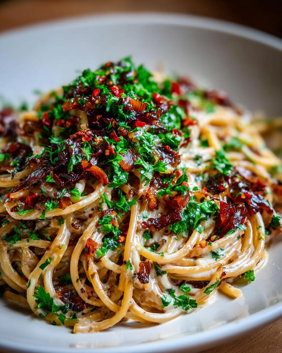 Close-up of creamy spaghetti tossed in sauce, topped generously with caramelized onion pasta and fresh parsley.