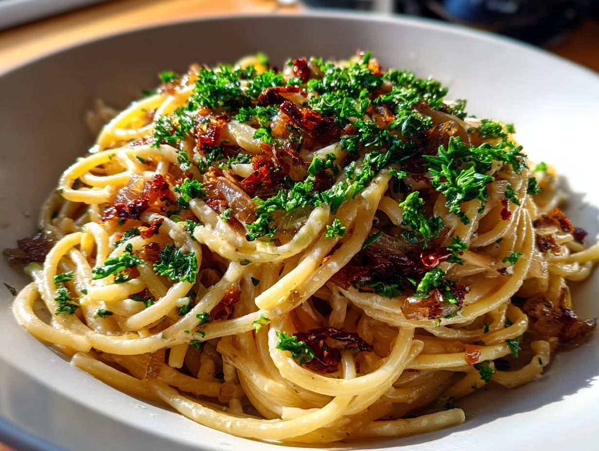Close-up of creamy caramelized onion pasta topped generously with fresh green parsley.