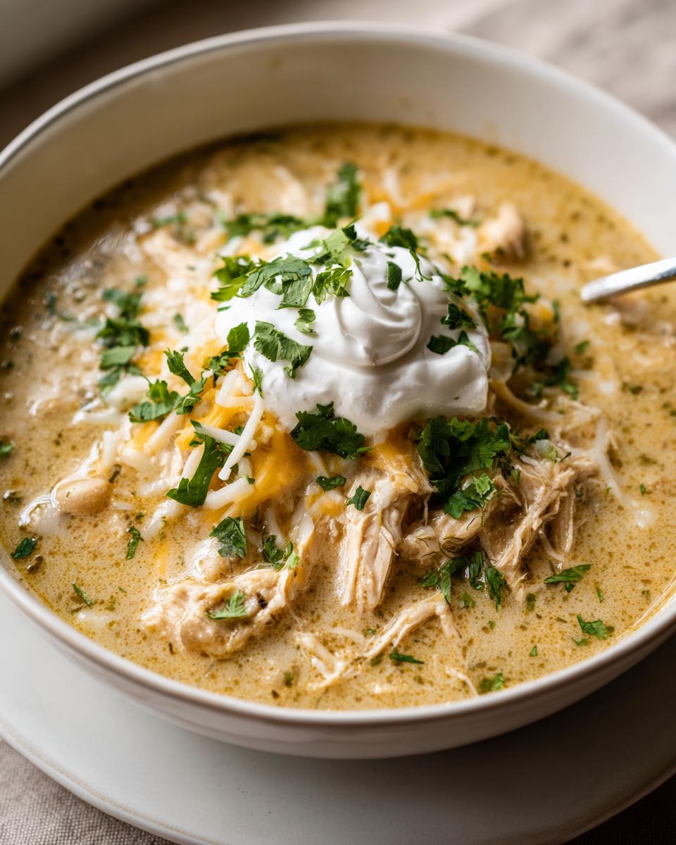 Close-up of a bowl of creamy white chicken chili topped with shredded cheese, sour cream, and fresh cilantro.
