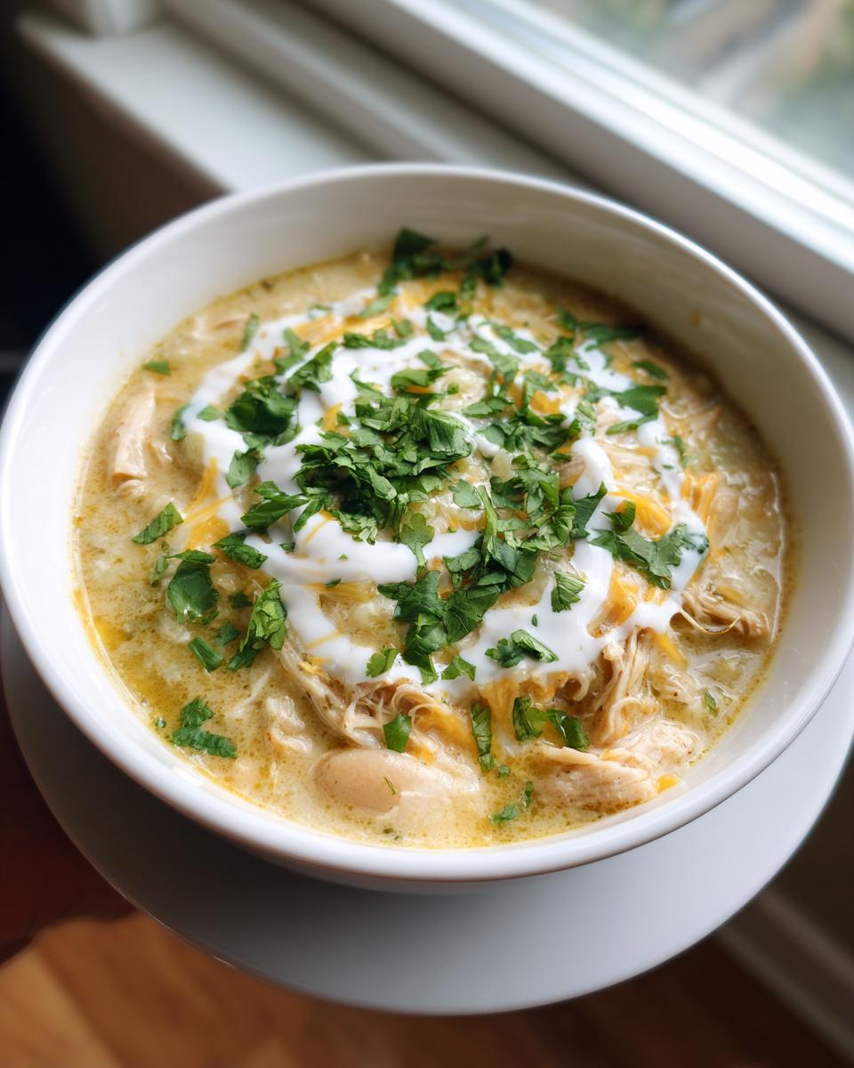 Close-up of a white bowl filled with creamy chicken chili, topped with sour cream, shredded cheese, and fresh cilantro.