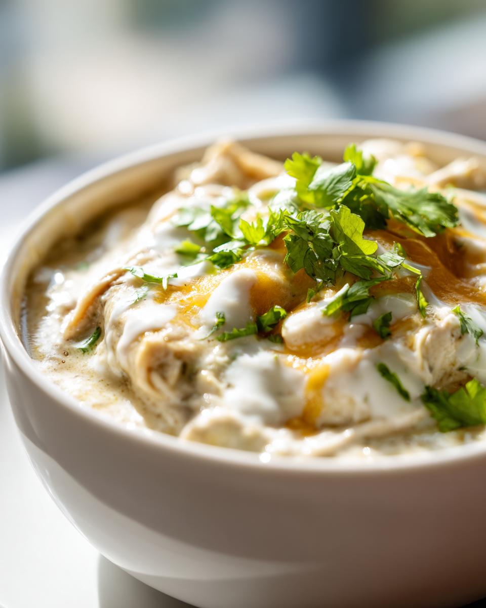 Close-up of a bowl of creamy white chicken chili recipe topped with sour cream, cheese, and fresh cilantro.