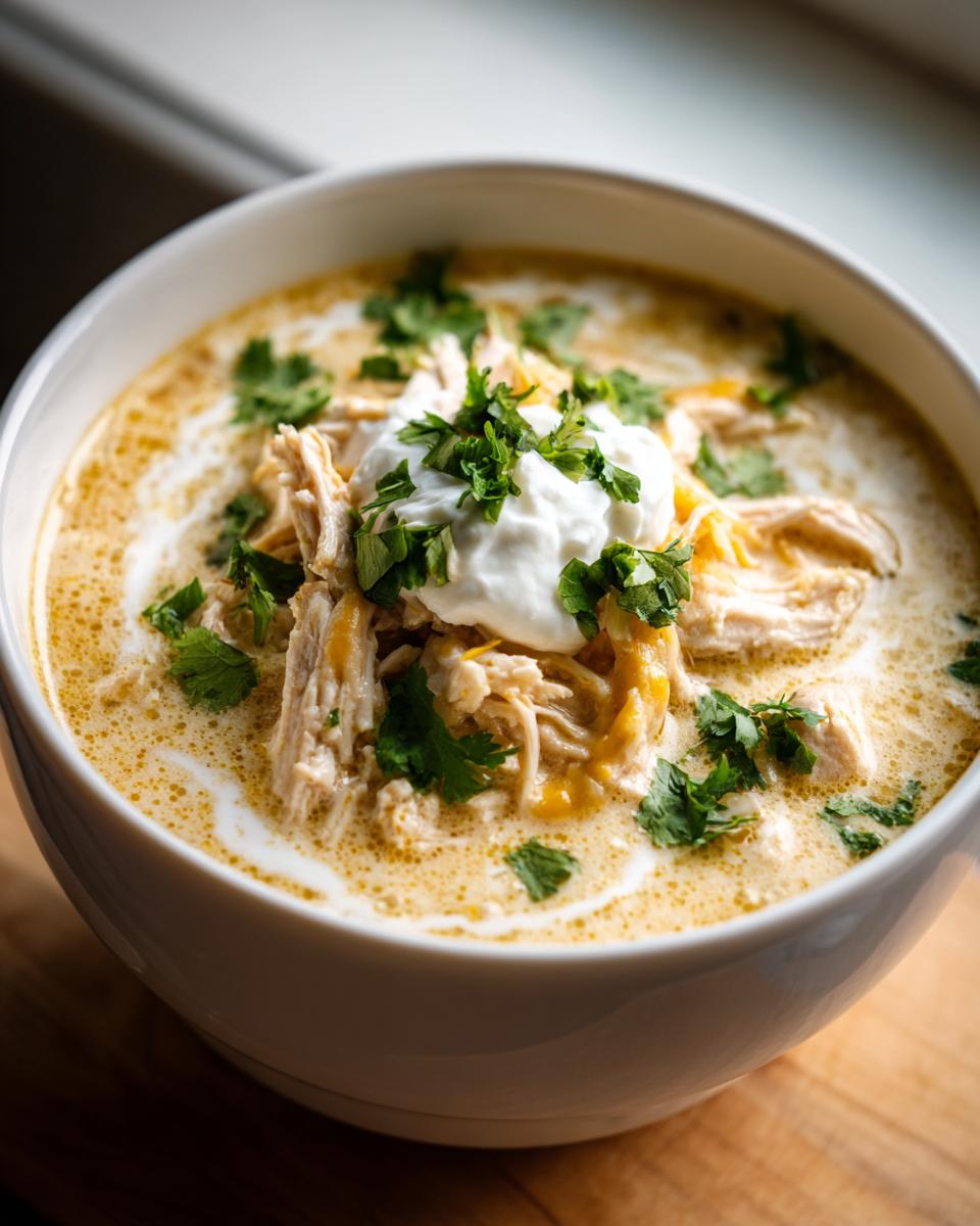 Close-up of a bowl of creamy white chicken chili recipe topped with sour cream and cilantro.