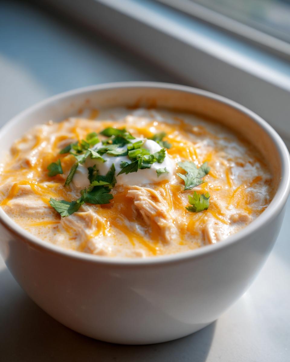 Close-up of a bowl of creamy chicken chili recipe topped with shredded cheese, sour cream, and cilantro.