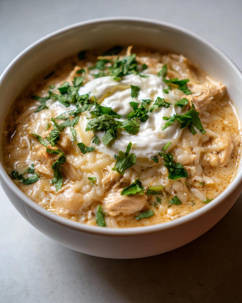 Close-up of creamy white chicken chili recipe topped with sour cream, shredded cheese, and fresh cilantro.