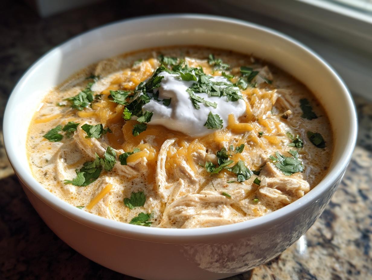 Close-up of a creamy white chicken chili recipe topped with shredded cheese, sour cream, and cilantro.