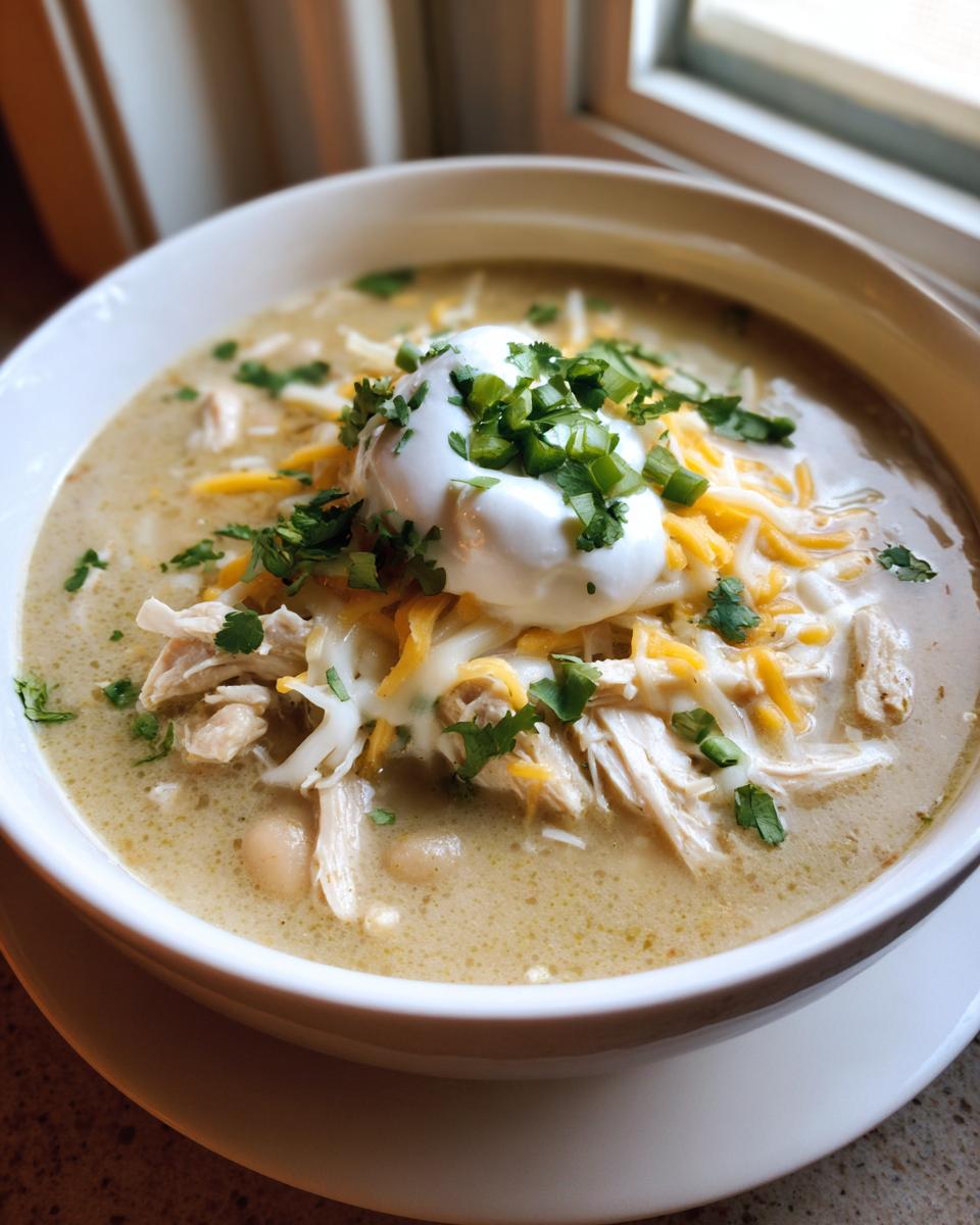 Close-up of a hearty bowl of white chicken chili topped with sour cream, shredded cheese, and green onions.