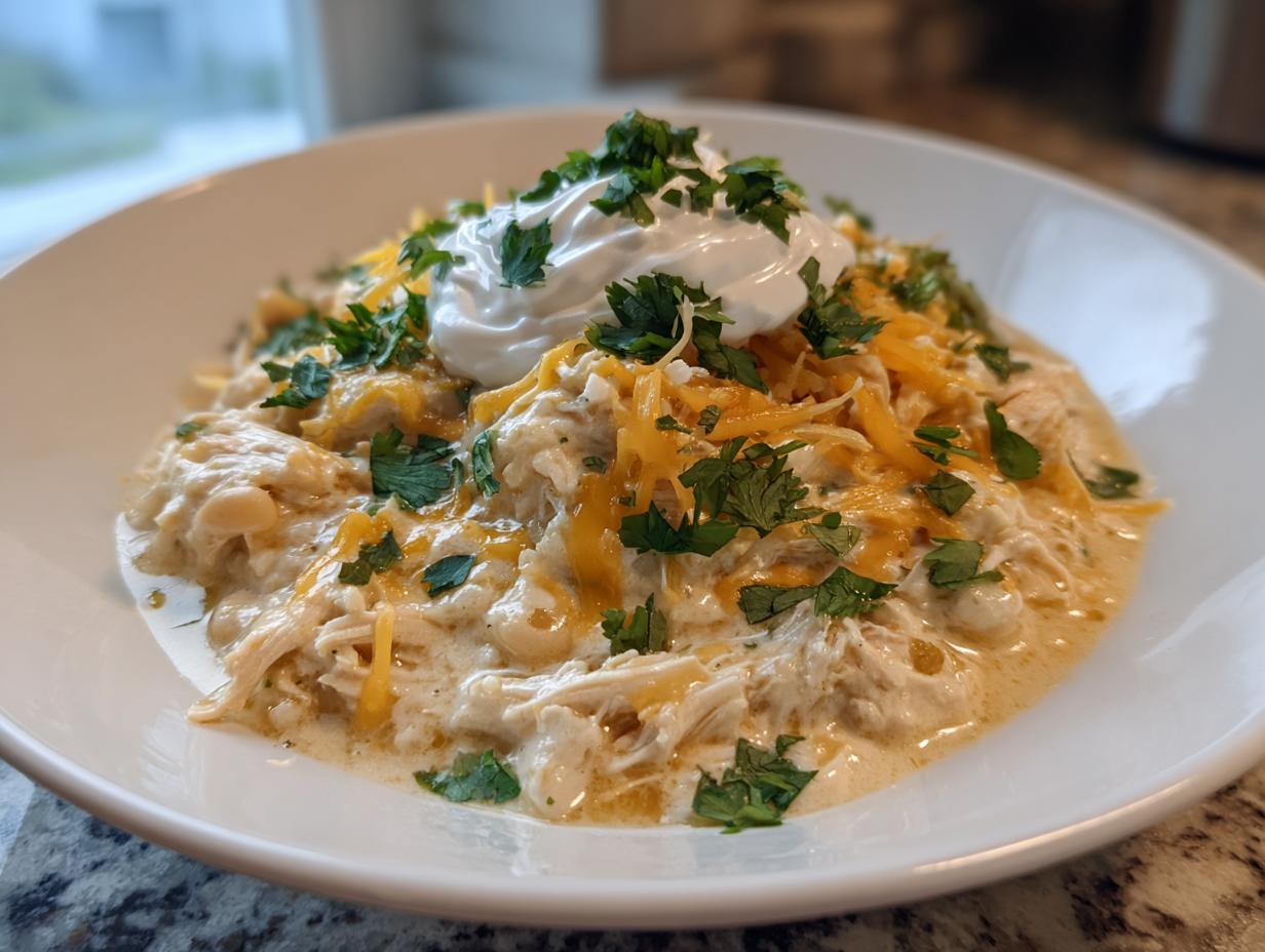 A close-up of creamy white chicken chili topped with shredded cheddar, sour cream, and fresh cilantro.