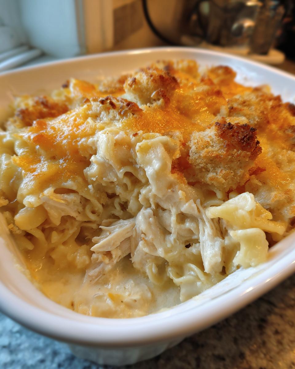 Close-up of a creamy chicken noodle casserole with shredded chicken, noodles, and a baked, cheesy, crunchy topping.
