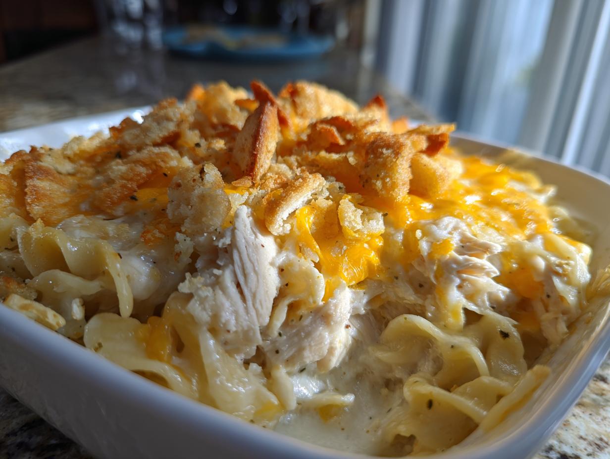 Close-up of a creamy chicken noodle casserole featuring shredded chicken, egg noodles, melted cheddar cheese, and a crunchy breadcrumb topping.