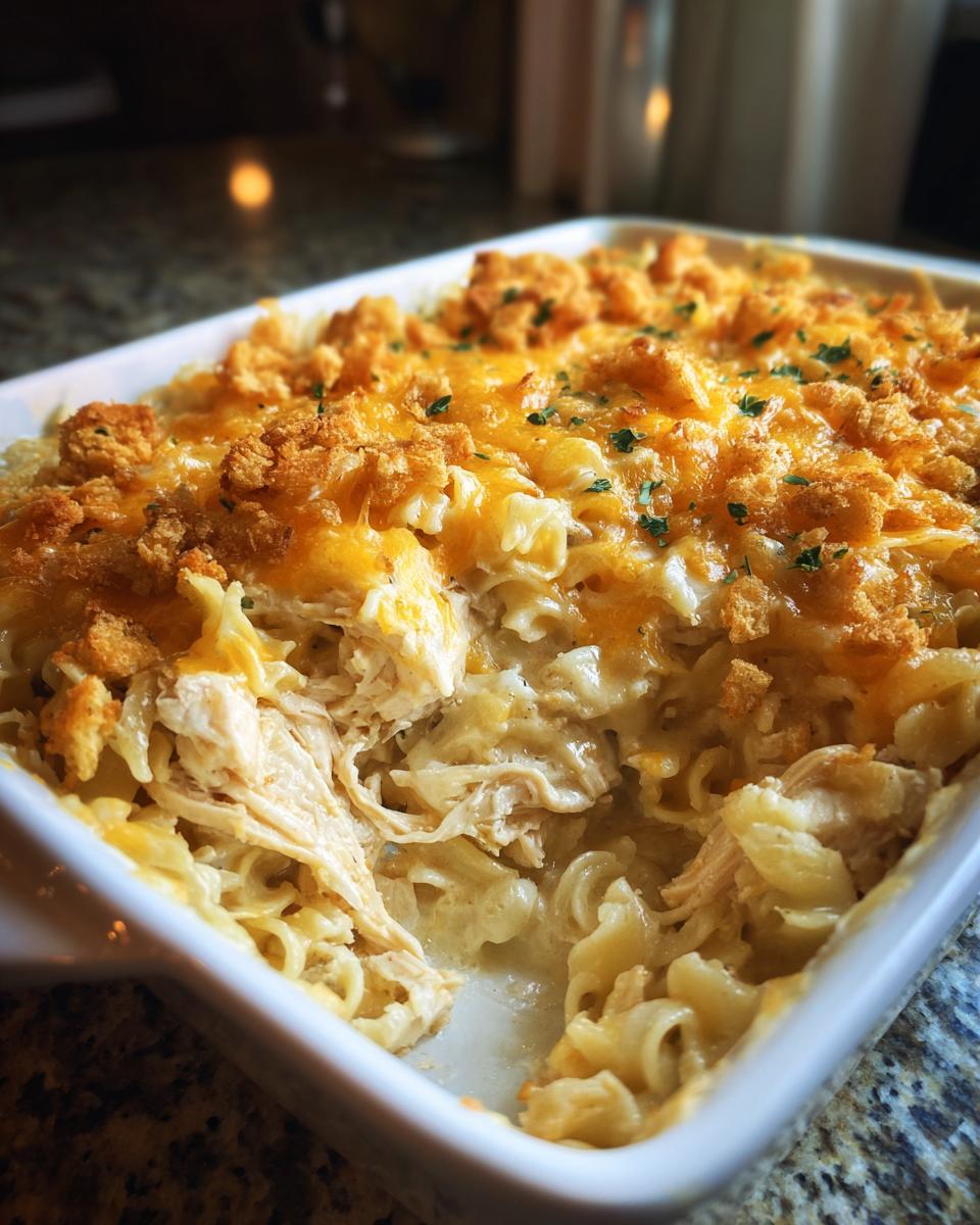 A scoop has been taken out of a baked chicken noodle casserole, showing shredded chicken, egg noodles, and a melted cheddar cheese and breadcrumb topping.