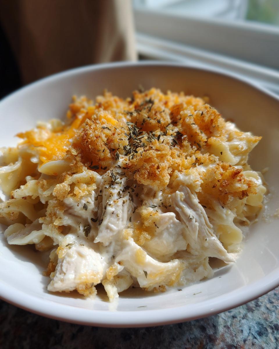 A close-up serving of creamy chicken noodle casserole topped with golden breadcrumbs and herbs.