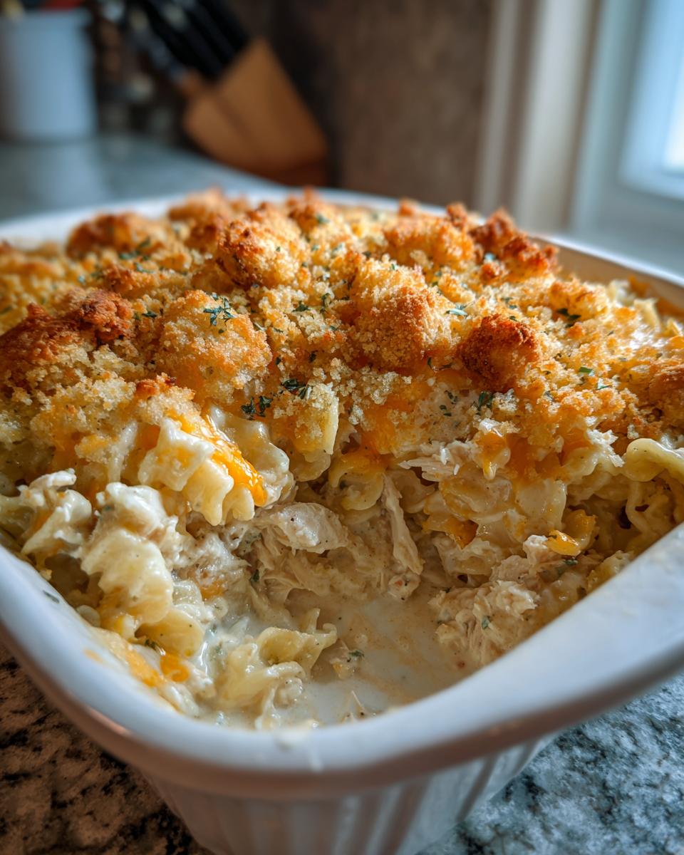 Close-up of a creamy chicken noodle casserole with a golden, crunchy breadcrumb topping in a white baking dish.