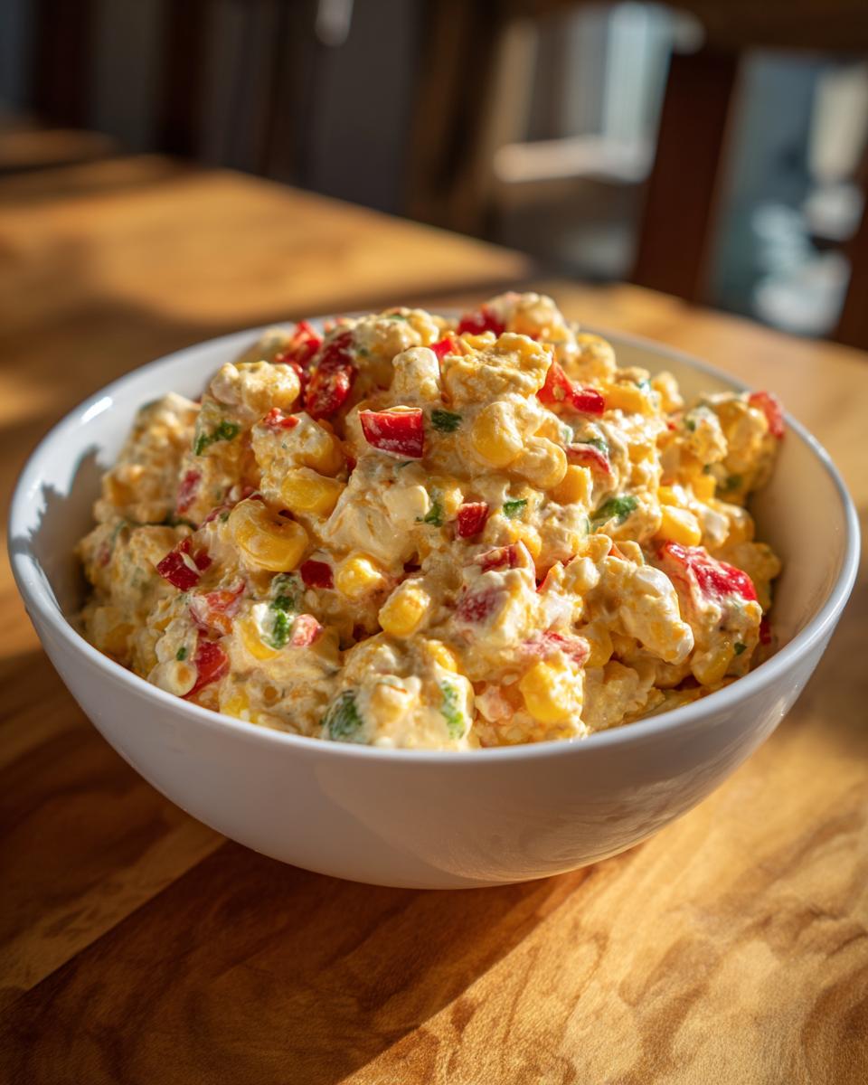 A close-up of creamy corn dip mixed with red peppers and herbs, served in a white bowl on a wooden table.
