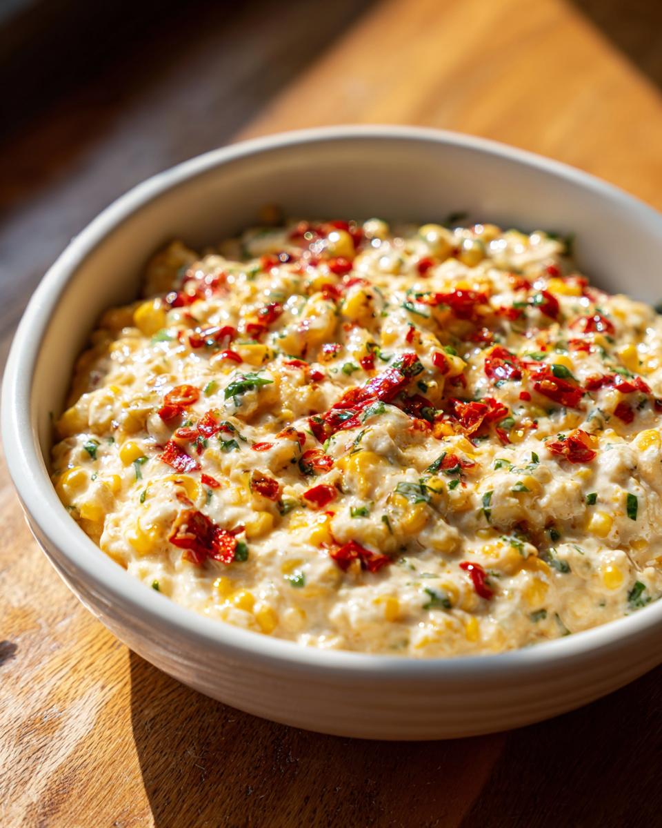 Close-up of a creamy corn dip topped with chopped red peppers and green herbs in a white bowl.