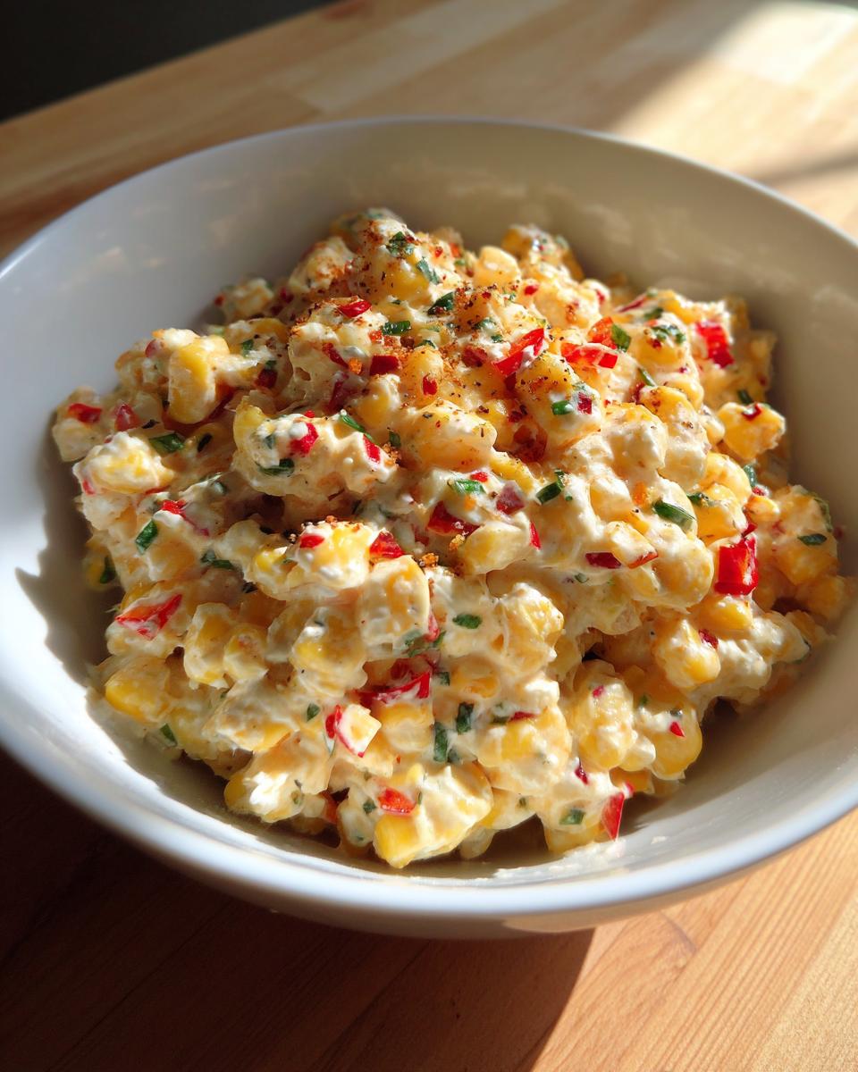 A close-up of creamy, cheesy corn dip mixed with red peppers and green herbs, topped with spices.