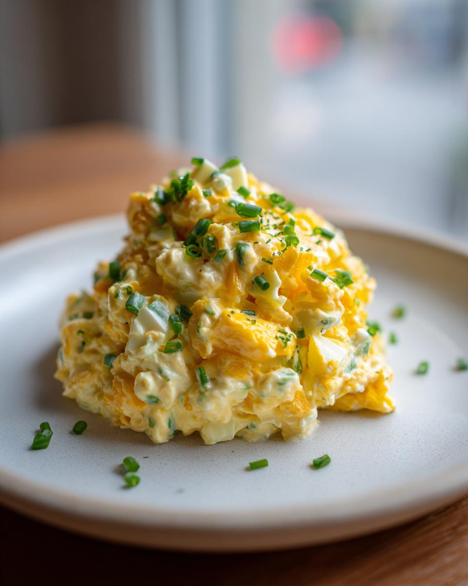 A close-up of a creamy mound of homemade egg salad recipe garnished generously with fresh chopped green chives on a light plate.