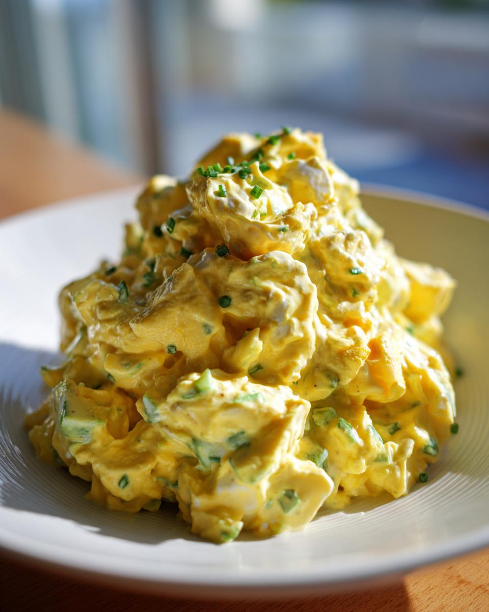 A close-up of a mound of creamy, yellow egg salad recipe, garnished with fresh green chives, served in a white bowl.