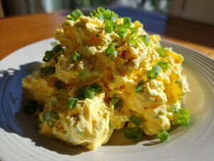 A mound of creamy, yellow egg salad recipe garnished generously with chopped green onions and a sprinkle of paprika.