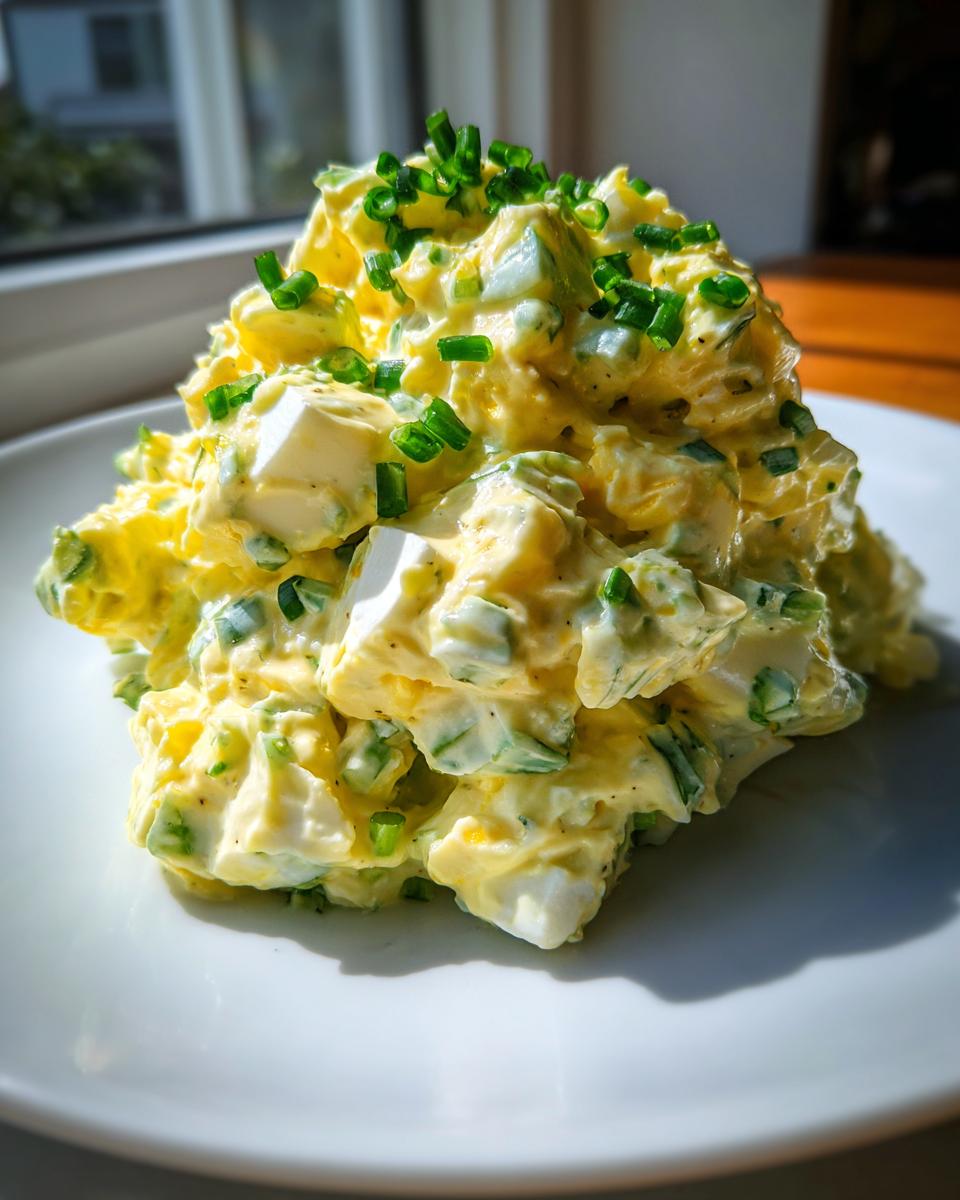 A generous mound of creamy, yellow egg salad recipe topped with fresh green chives, served on a white plate.