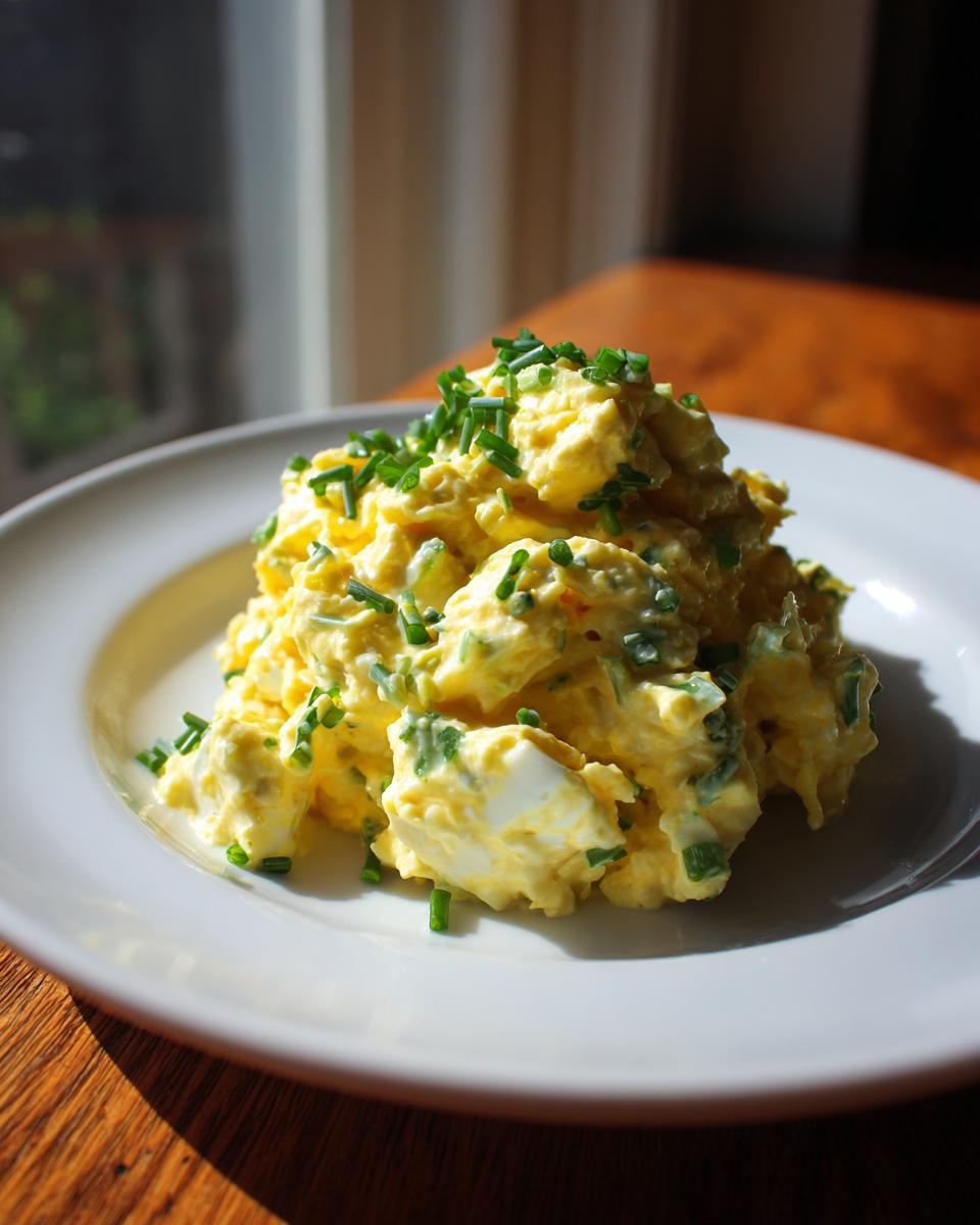 A mound of creamy, yellow egg salad recipe topped generously with fresh green chives, served on a white plate.