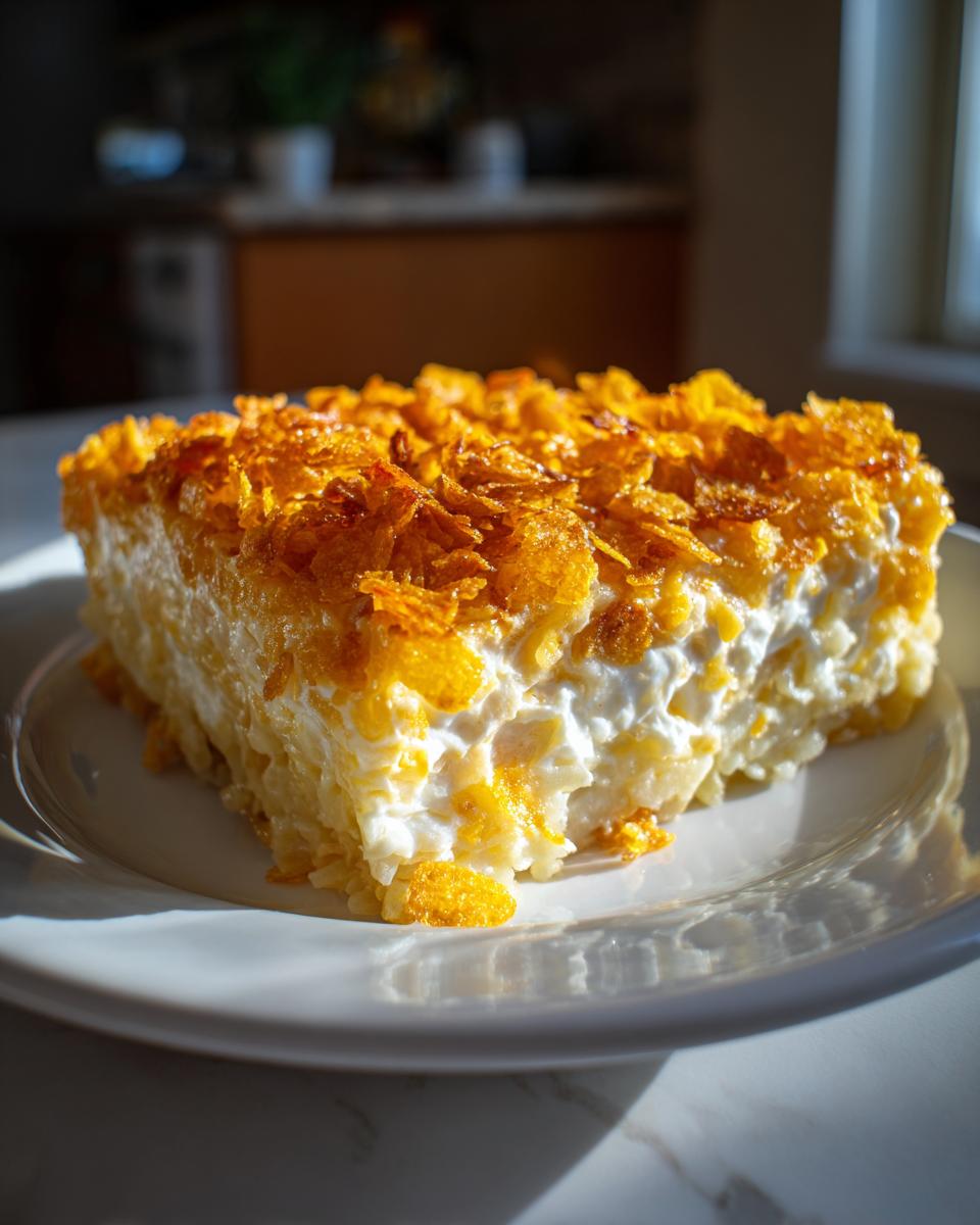 A generous slice of creamy funeral potatoes recipe topped with golden, crunchy cornflakes, served on a white plate.