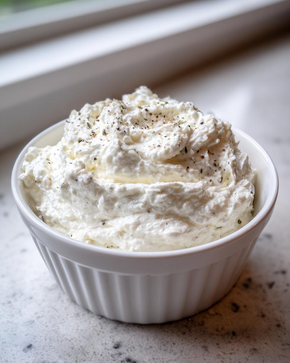 A white fluted ramekin filled with creamy horseradish sauce for prime rib, topped with cracked pepper and herbs.