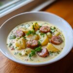A close-up of a hearty bowl of creamy kielbasa potato soup, garnished with fresh parsley.