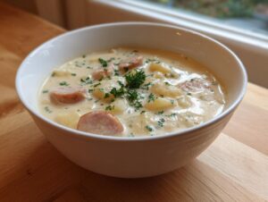 A close-up of a hearty bowl of creamy kielbasa potato soup, garnished with fresh parsley.
