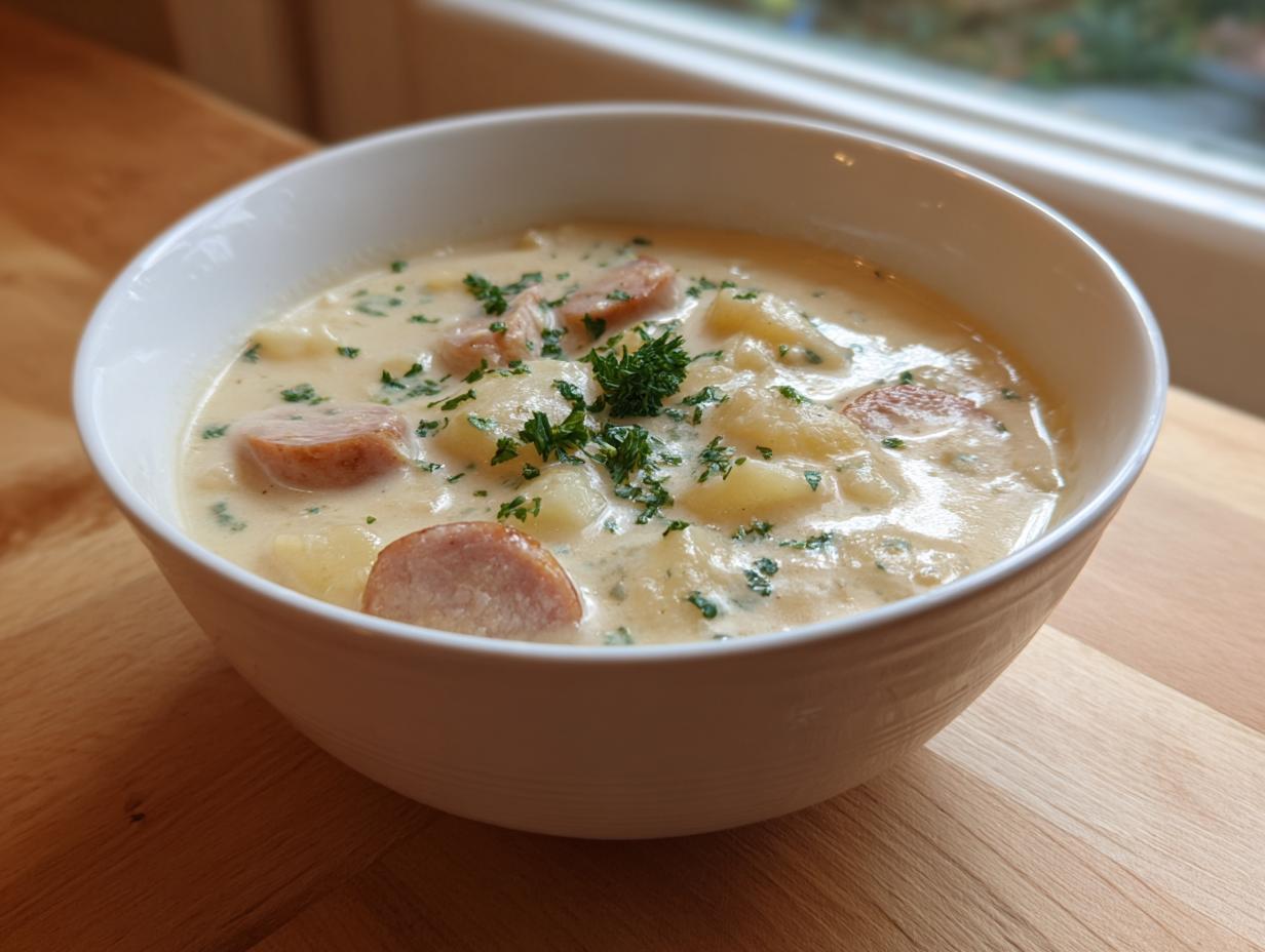 A close-up of a hearty bowl of creamy kielbasa potato soup, garnished with fresh parsley.