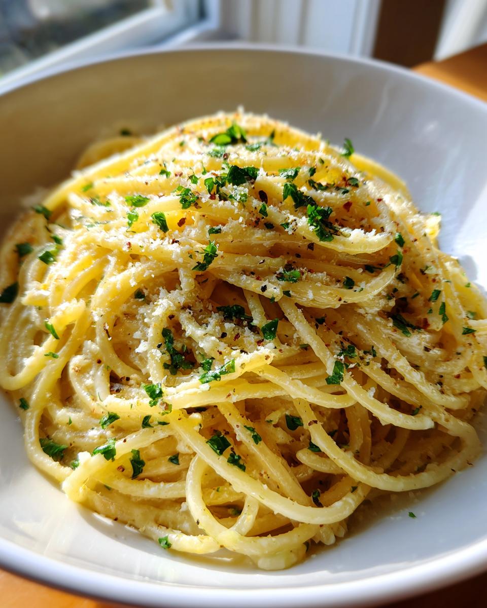 A close-up shot of a bowl of Creamy Lemon Pasta topped with grated cheese, black pepper, and fresh parsley.