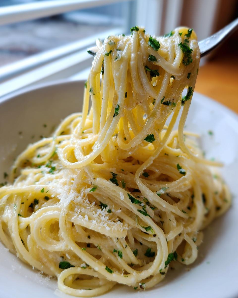 A fork lifting a generous portion of creamy lemon pasta, garnished with fresh parsley and grated cheese.