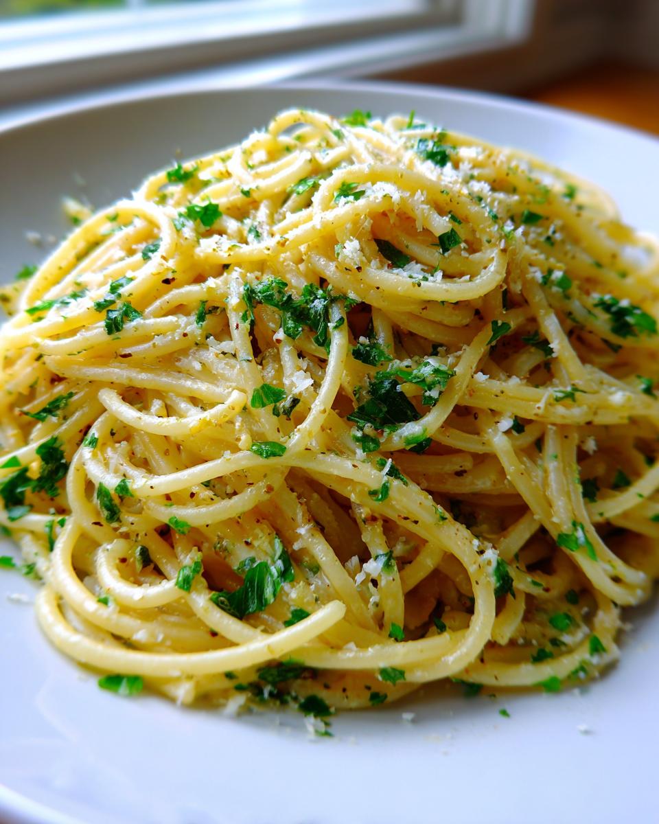 A close-up shot of a serving of Creamy Lemon Pasta tossed with fresh parsley and grated cheese.