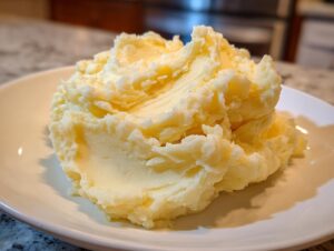 A generous serving of fluffy, rich, and creamy mashed potatoes piled high on a white plate.