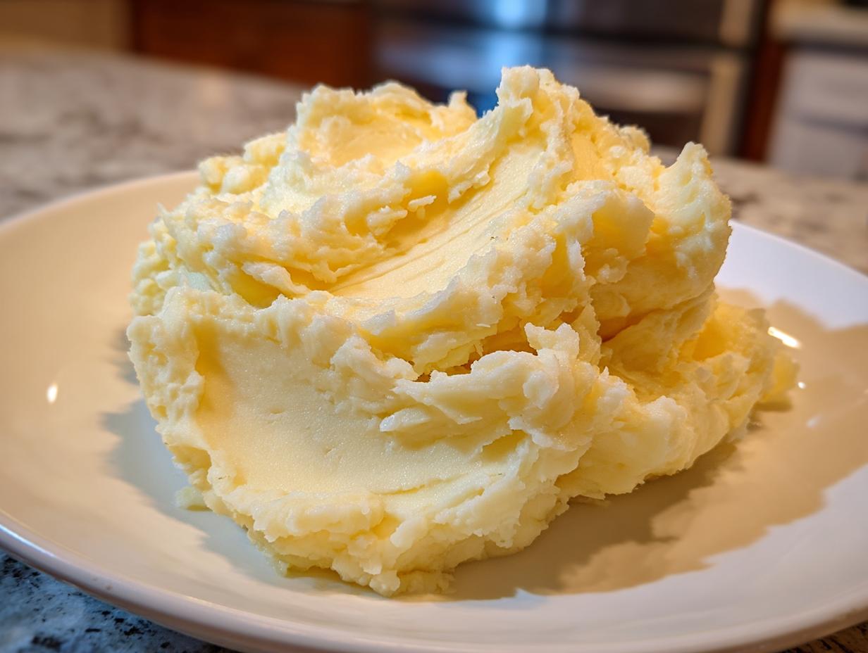 A generous serving of fluffy, rich, and creamy mashed potatoes piled high on a white plate.
