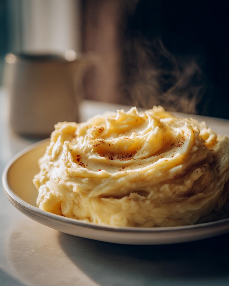A close-up of perfectly whipped, steaming creamy mashed potatoes sprinkled with paprika on a light plate.