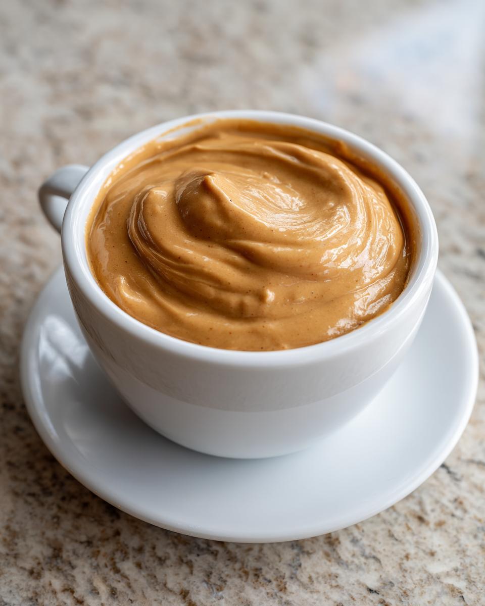 Close-up of thick, creamy peanut sauce swirled inside a small white cup resting on a saucer.