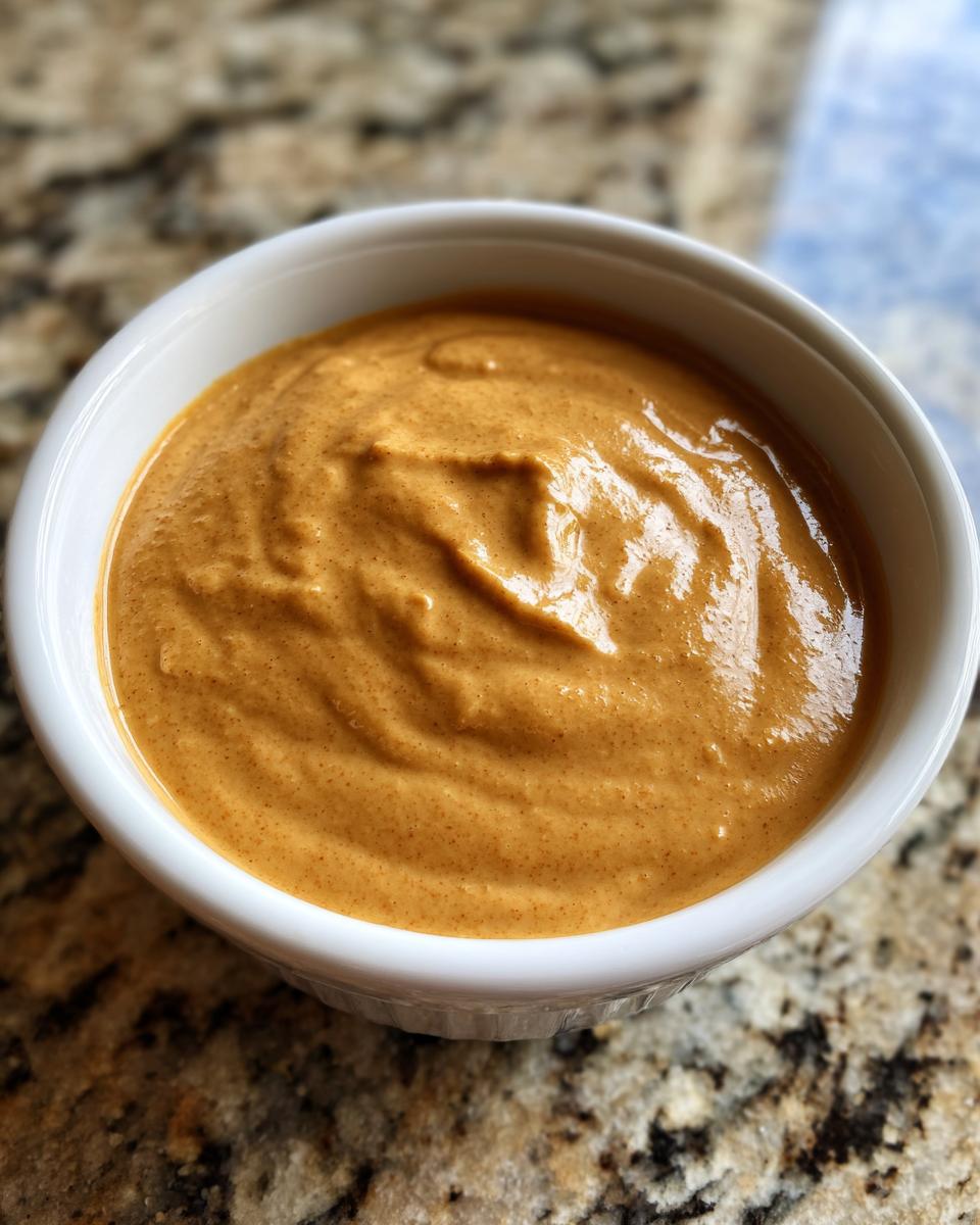 Close-up of creamy peanut sauce with visible texture swirls in a small white bowl.