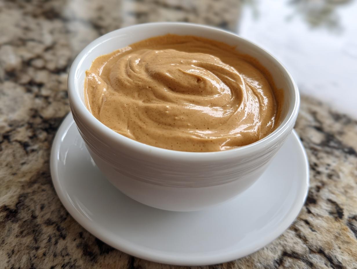 Close-up of a thick, creamy peanut sauce swirled inside a small white bowl on a matching saucer.