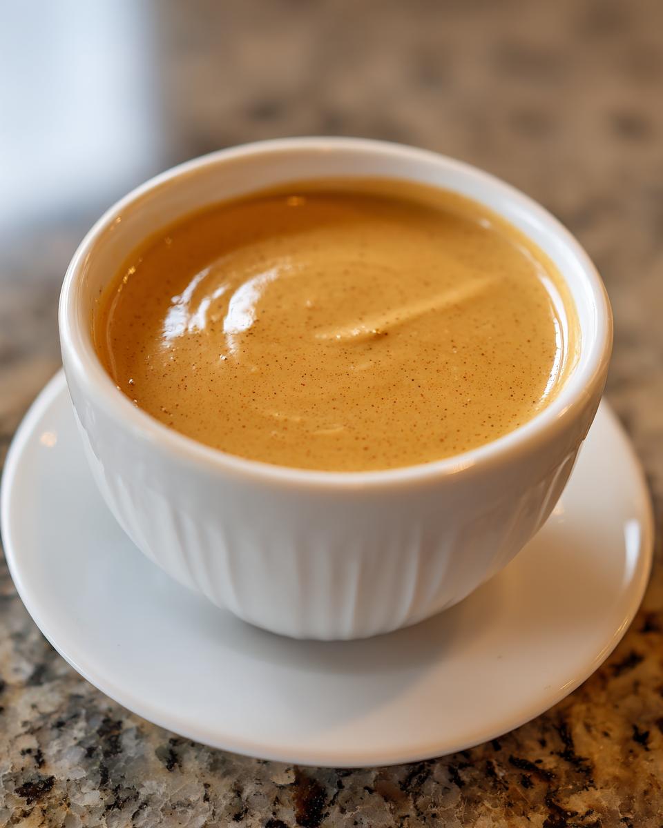 Close-up of creamy peanut sauce served in a small white ramekin on a granite counter.