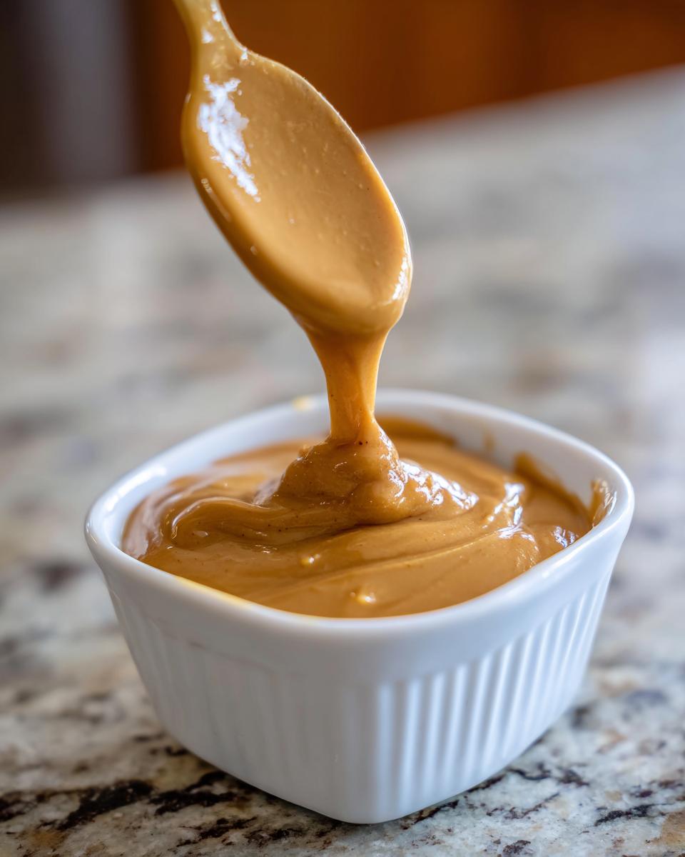 Close-up of thick, creamy peanut sauce dripping from a wooden spoon back into a small white bowl.