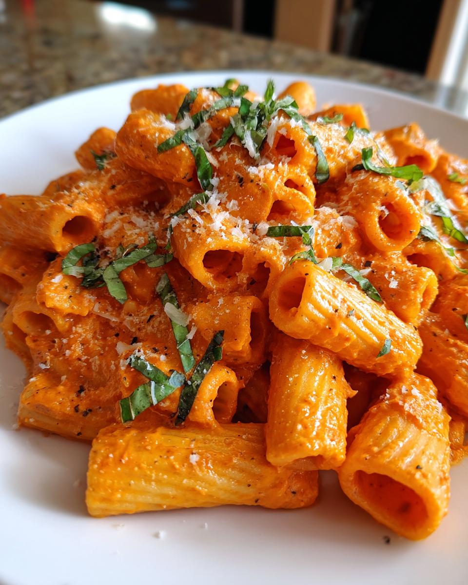 A close-up serving of rigatoni pasta coated in creamy pink sauce pasta, topped with grated cheese and fresh basil.