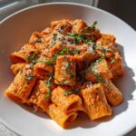 A close-up shot of rigatoni pasta coated in creamy pink sauce pasta, garnished with fresh basil and grated cheese.