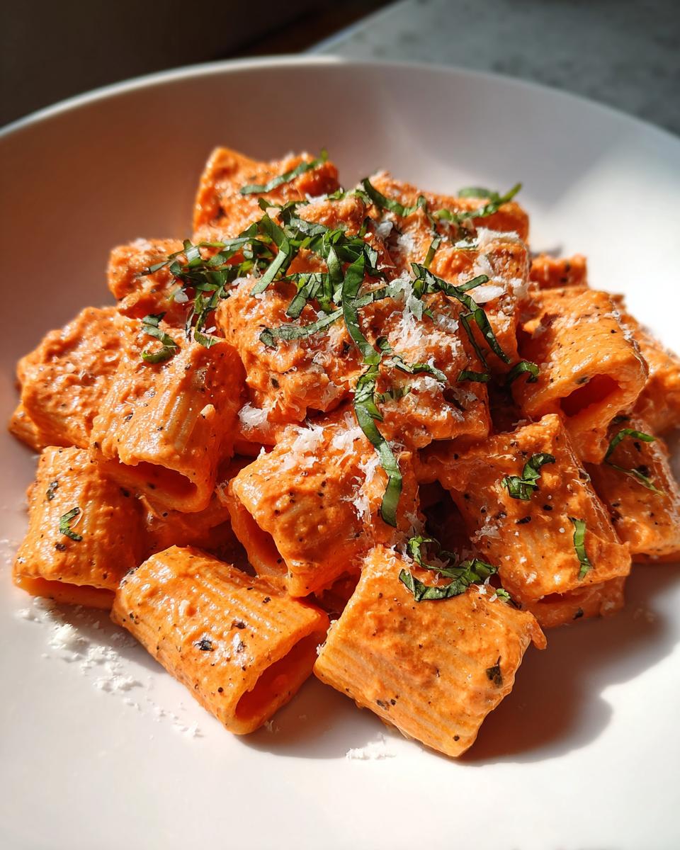 A close-up shot of rigatoni pasta coated in creamy pink sauce pasta, topped with shredded Parmesan and fresh basil.