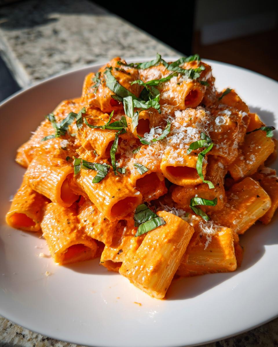 A close-up shot of rigatoni pasta coated in creamy pink sauce pasta, topped with fresh basil and grated cheese.