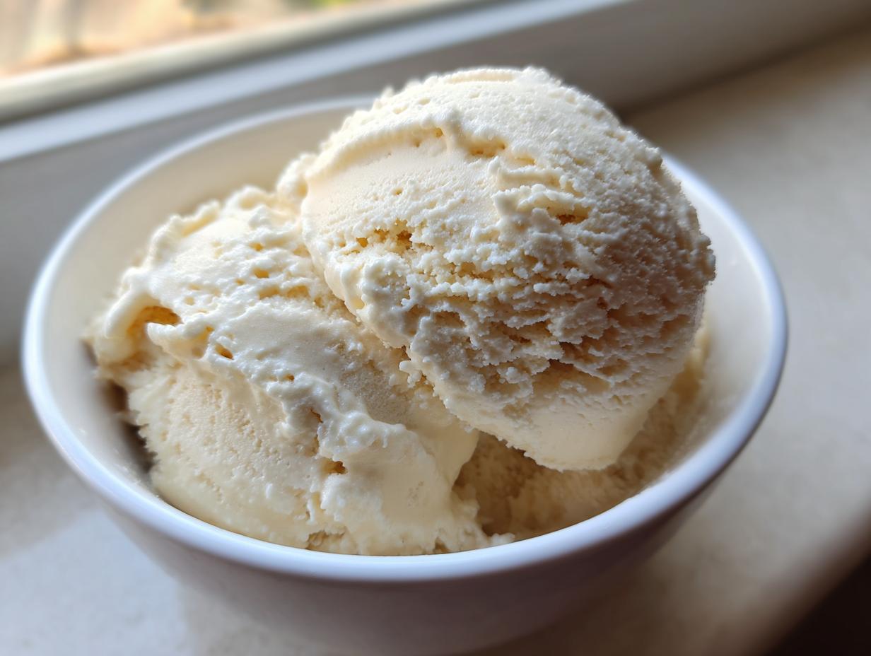 Close-up of two scoops of creamy, light-colored protein ice cream served in a small white bowl.
