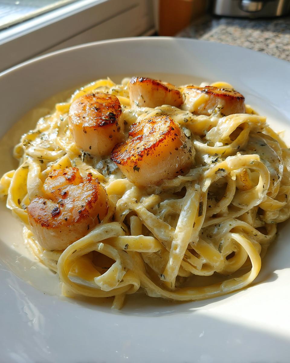 Close-up of creamy seafood pasta topped with perfectly seared scallops, a delicious seafood pasta dish.