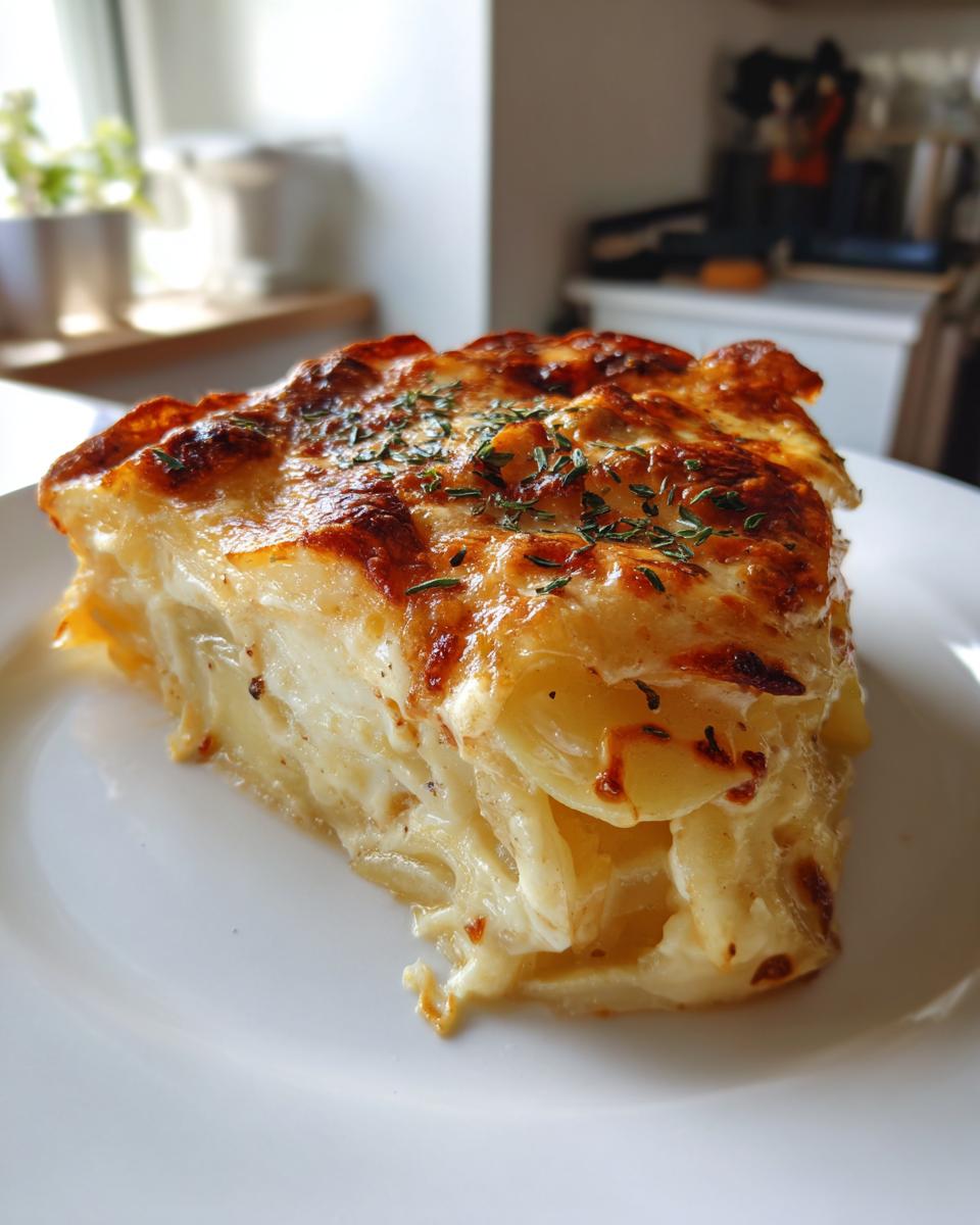A thick slice of creamy, cheesy scalloped potatoes recipe with a golden-brown, herbed crust.