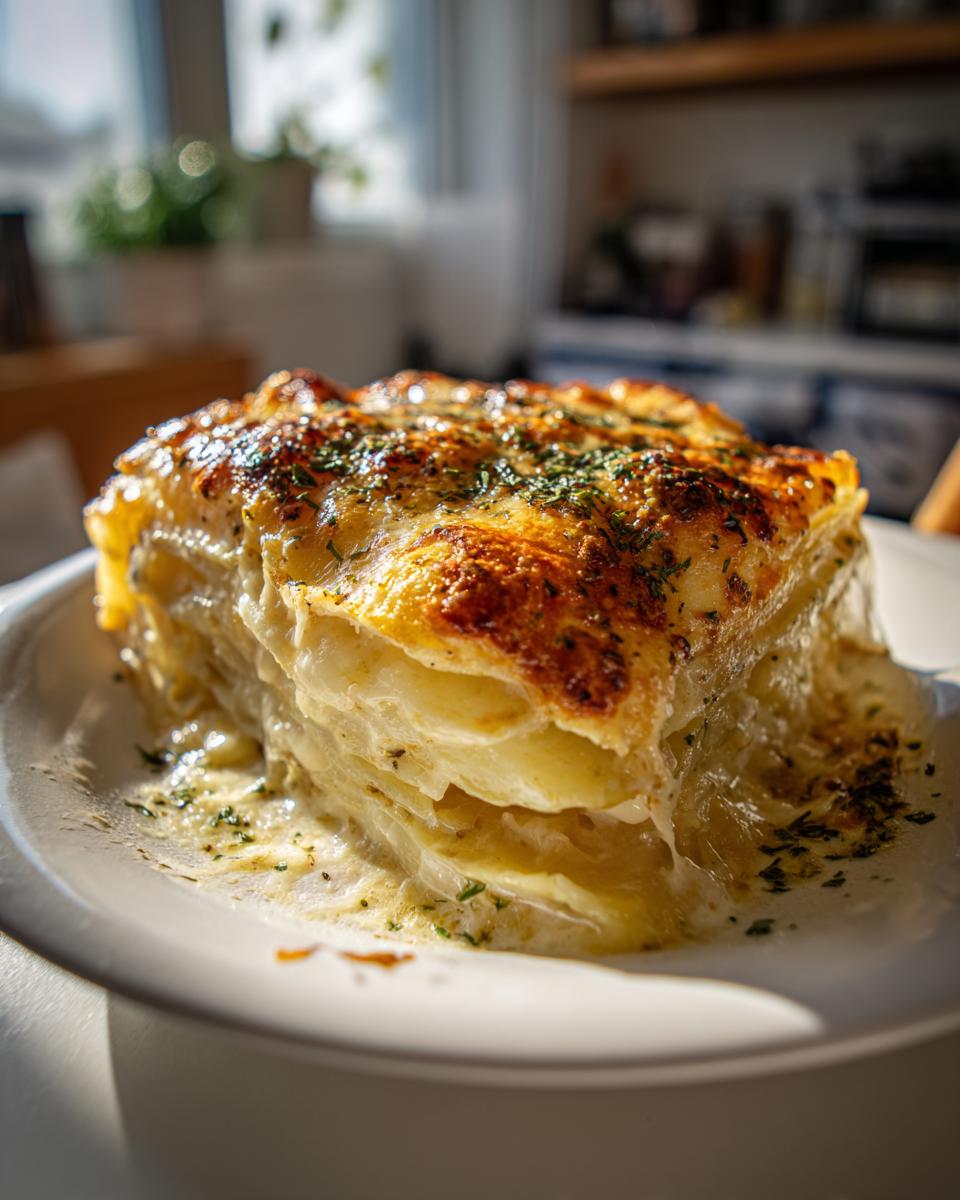 A thick, golden-brown slice of creamy scalloped potatoes recipe, layered and topped with melted cheese and herbs.
